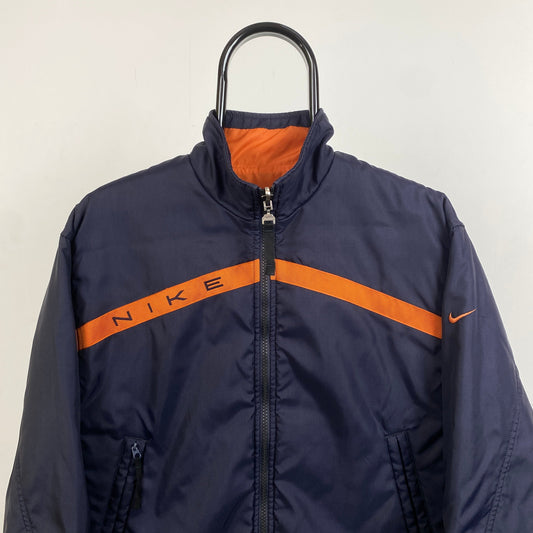90s Nike Reversible Fleece Coat Puffer Jacket Blue Orange XS
